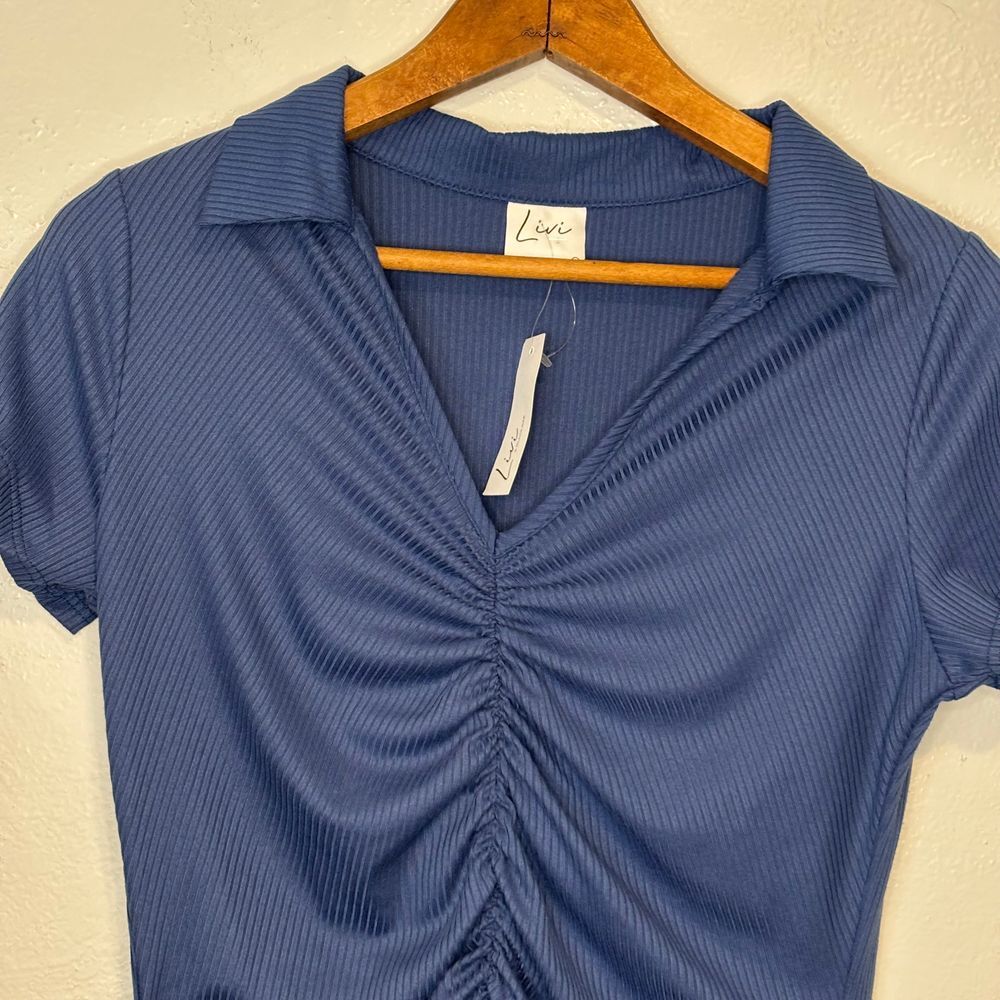 Livi by Olivia Rae Blue Short Sleeve Collared Ruched Midi Dress Womens NWT Large - Picture 2 of 6